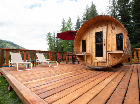 Cedar barrel sauna at Sicamous RV and Cabin Resort